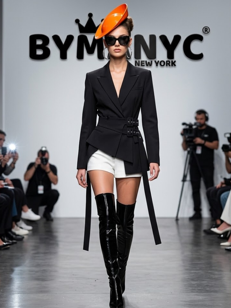 Women's Cream Double-Breasted Blazer with Notch Lapels and Buckle Waist Corset Belt Prêt-à-Porter BYMANYC ® New York - New Collection