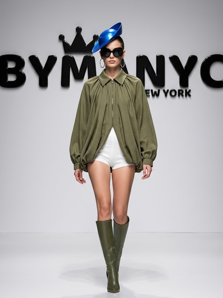 Women's Olive Green Oversized Zip-Front Blouse Jacket with Shirt Collar Prêt-à-Porter BYMANYC ® New York - New Collection