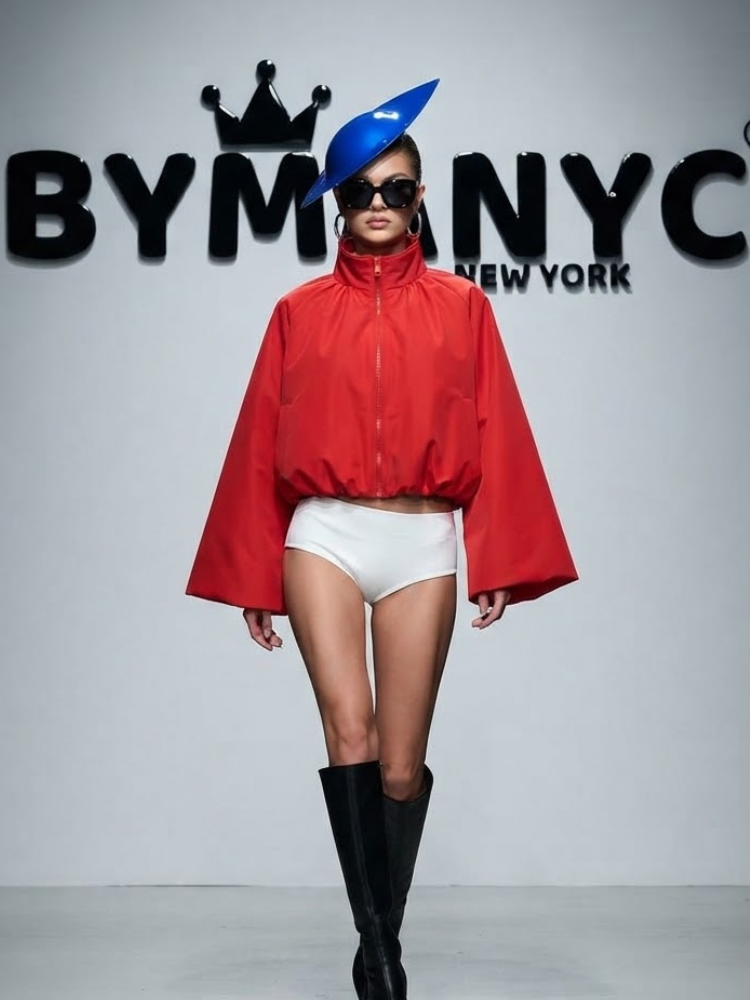 Women's Red Cropped Wide-Sleeve Jacket with High Collar Prêt-à-Porter BYMANYC ® New York - New Collection