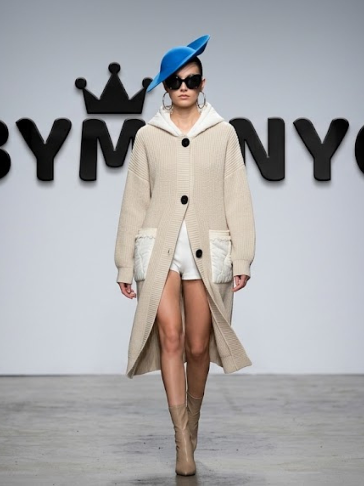 Women's Beige Long Hooded Knit Cardigan Coat with Contrast Patch Pockets Prêt-à-Porter BYMANYC ® New York - New Collection