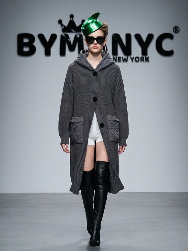 Women's Beige Long Hooded Knit Cardigan Coat with Contrast Patch Pockets Prêt-à-Porter BYMANYC ® New York - New Collection