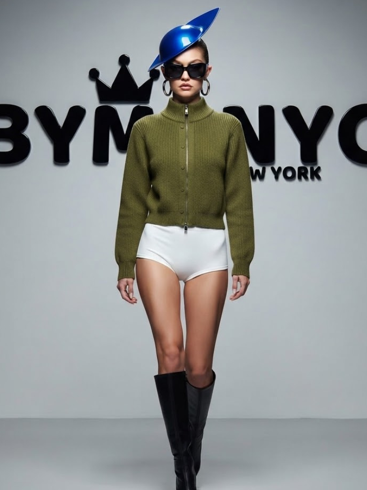 Women's Olive Green Ribbed Zip-Front Knit Jacket with High Collar Prêt-à-Porter BYMANYC ® New York - New Collection