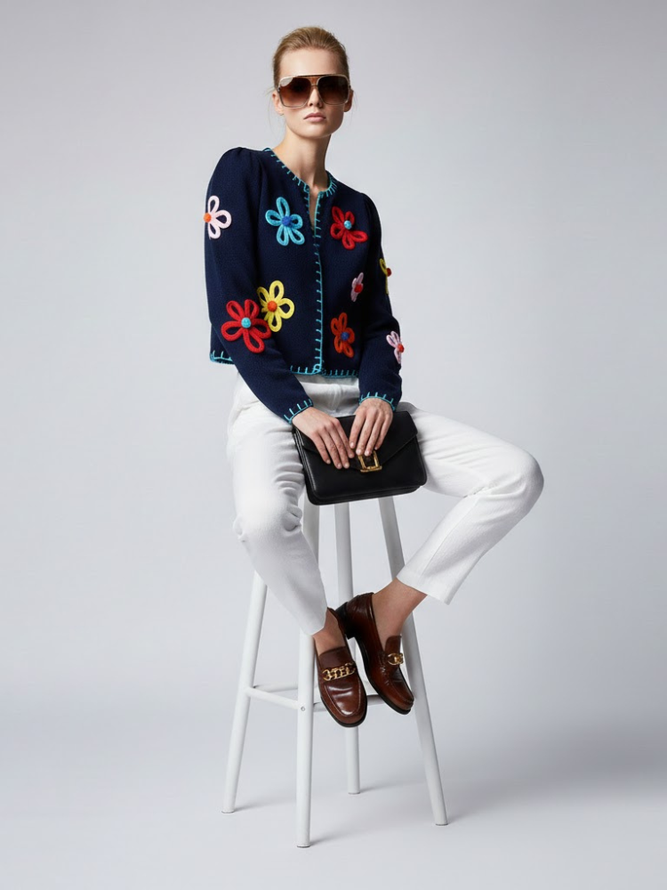  Navy Knit Jacket with 3D Flowers and Contrast Stitching • BYMANYC ® New York  NYC Wholesale Boutique Inventory - No MOQ & Ready to Ship