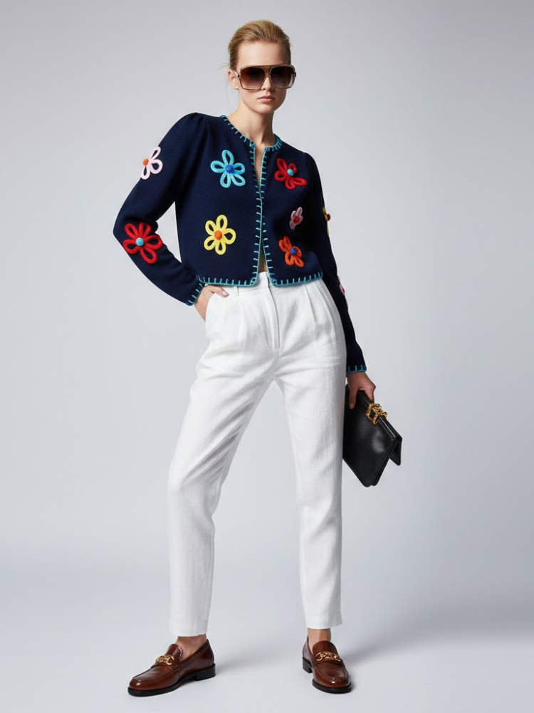  Navy Knit Jacket with 3D Flowers and Contrast Stitching • BYMANYC ® New York  NYC Wholesale Boutique Inventory - No MOQ & Ready to Ship