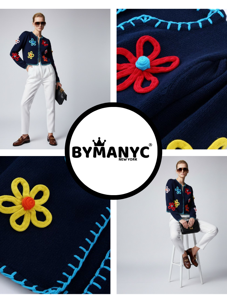  Navy Knit Jacket with 3D Flowers and Contrast Stitching • BYMANYC ® New York  NYC Wholesale Boutique Inventory - No MOQ & Ready to Ship