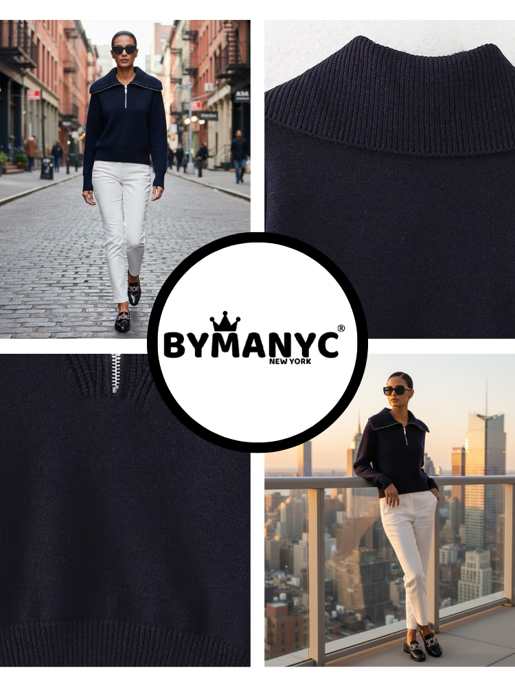  Navy ROCKEFELLER Quarter-Zip Sweater Prêt-à-Porter BYMANYC ® New York  NYC Wholesale Boutique Inventory - No MOQ & Ready to Ship
