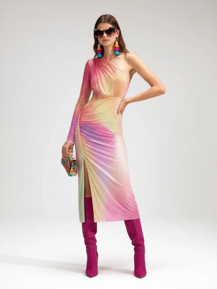  One-Shoulder Slit Dress with Cinched Waist For Women, Upper East Side, BYMANYC New York.  NYC Wholesale Boutique Inventory - No MOQ & Ready to Ship
