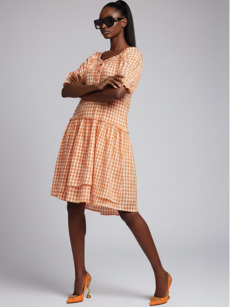 Orange GREENWICH Gingham Dress Prêt-à-Porter BYMANYC ® New York - BYMANYC ® New York  