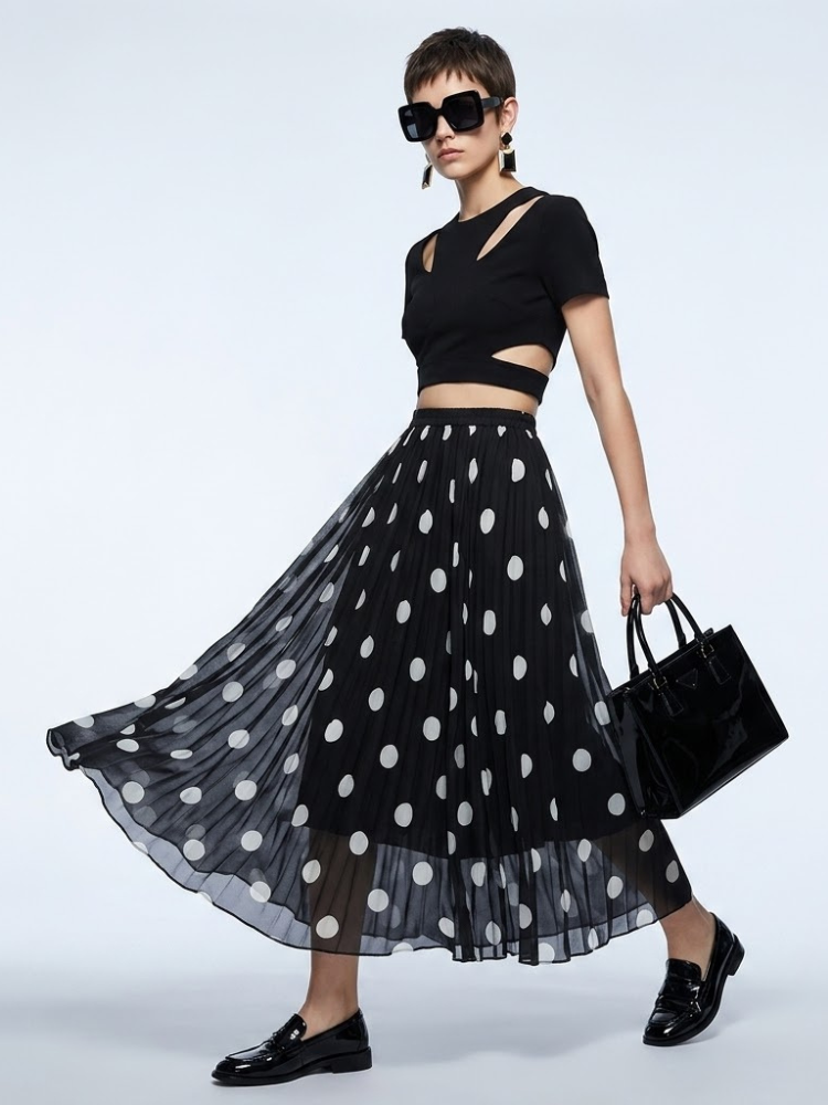 Women's Skirt Black Polka Dot BYMANYC ® New York SOHO PLEATED MAXI - New Collection