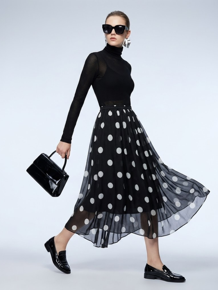 Women's Skirt Black Polka Dot BYMANYC ® New York SOHO PLEATED MAXI - New Collection