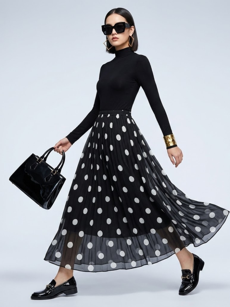 Women's Skirt Black Polka Dot BYMANYC ® New York SOHO PLEATED MAXI - New Collection