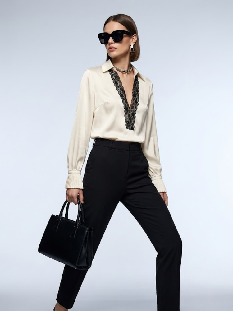 Women's Blouse Silk Satin BYMANYC ® New York SOHO LACE V-NECK - New Collection