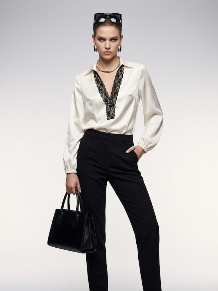 Women's Blouse Silk Satin BYMANYC ® New York SOHO LACE V-NECK - New Collection