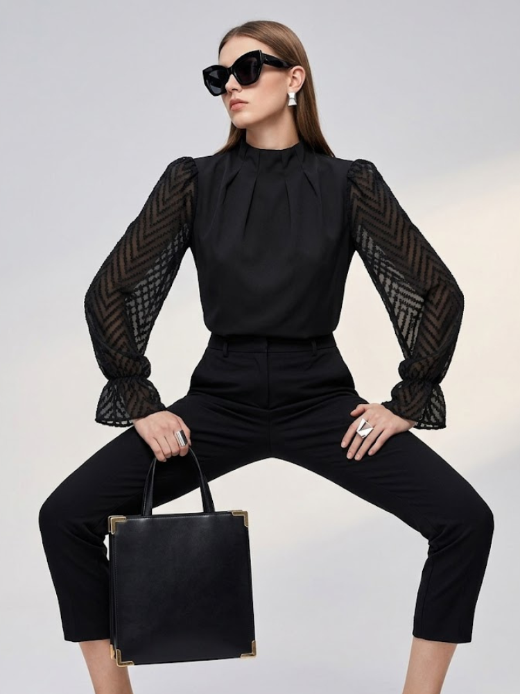 Women's Blouse High Neck BYMANYC ® New York SOHO BLACK CHEVRON - New Collection