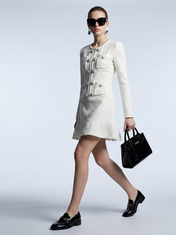 Women's Dress Bouclé Tweed BYMANYC ® New York MADISON IVORY BUTTON MINI - New Collection
