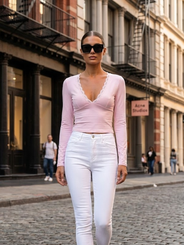 Pink CHELSEA Lace Neckline Top Prêt-à-Porter BYMANYC ® New York - BYMANYC ® New York  