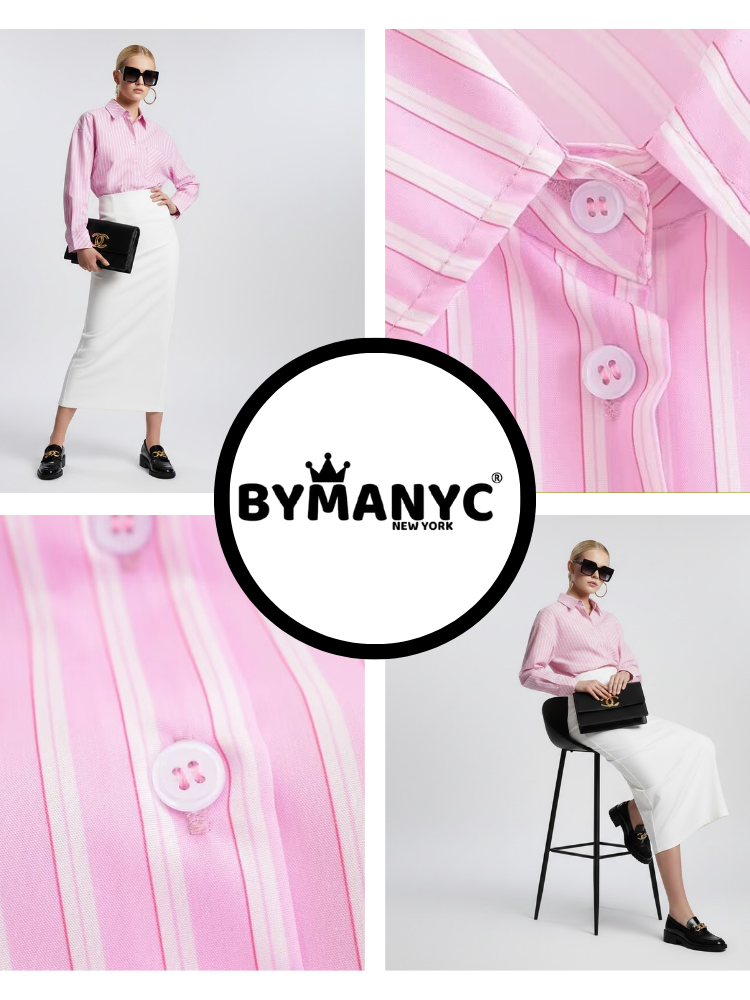 Pink Striped Oversized Shirt with Geometric Pocket • BYMANYC ® New York