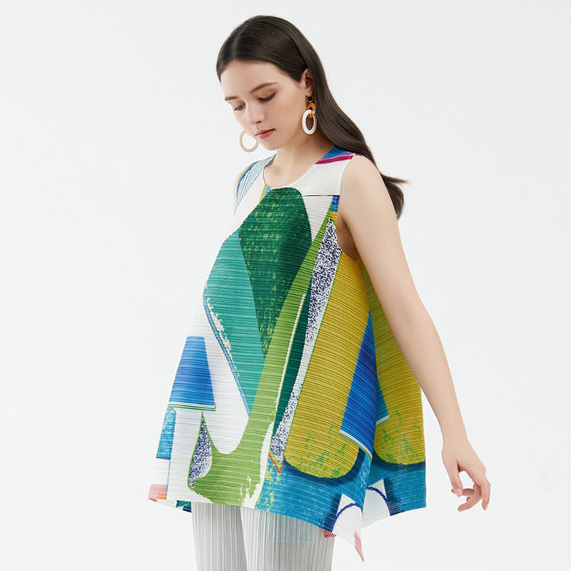 Pleated Printed Sleeveless Top, Coney Island | Women - BYMANYC ® New York - BYMANYC ® New York  