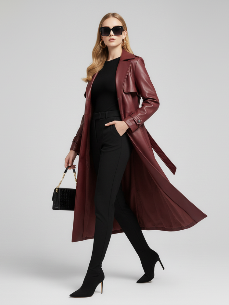  Plus-Size Long Leather-Style Windbreaker For Women, Red Hook, BYMANYC New York.  NYC Wholesale Boutique Inventory - No MOQ & Ready to Ship