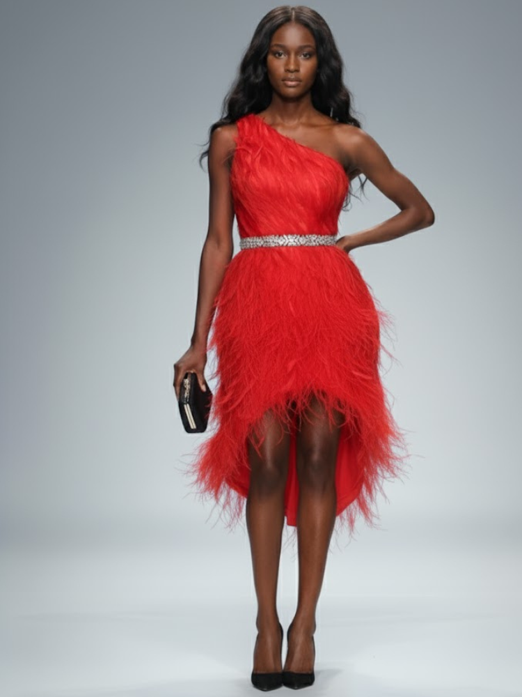 Red Asymmetric Feather Mini Dress ROXY: Prêt-à-Porter Line BYMANYC ® New York - BYMANYC ® New York  
