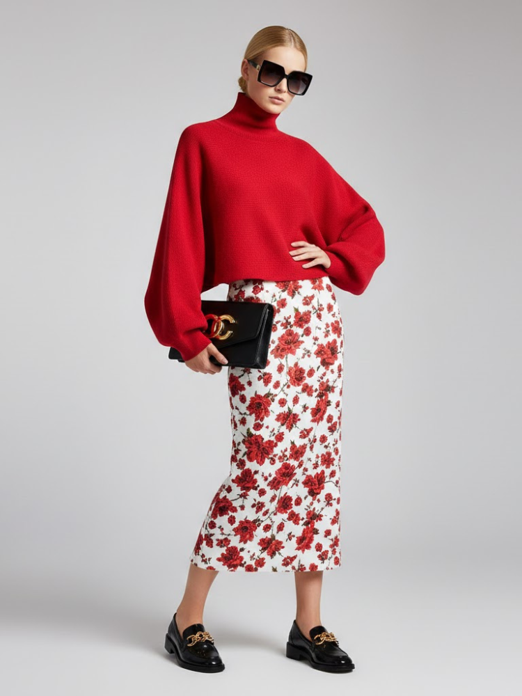 Red Knit Sweater with Peris Neck and Puff Sleeves • BYMANYC ® New York  NYC Wholesale Boutique Inventory - No MOQ & Ready to Ship