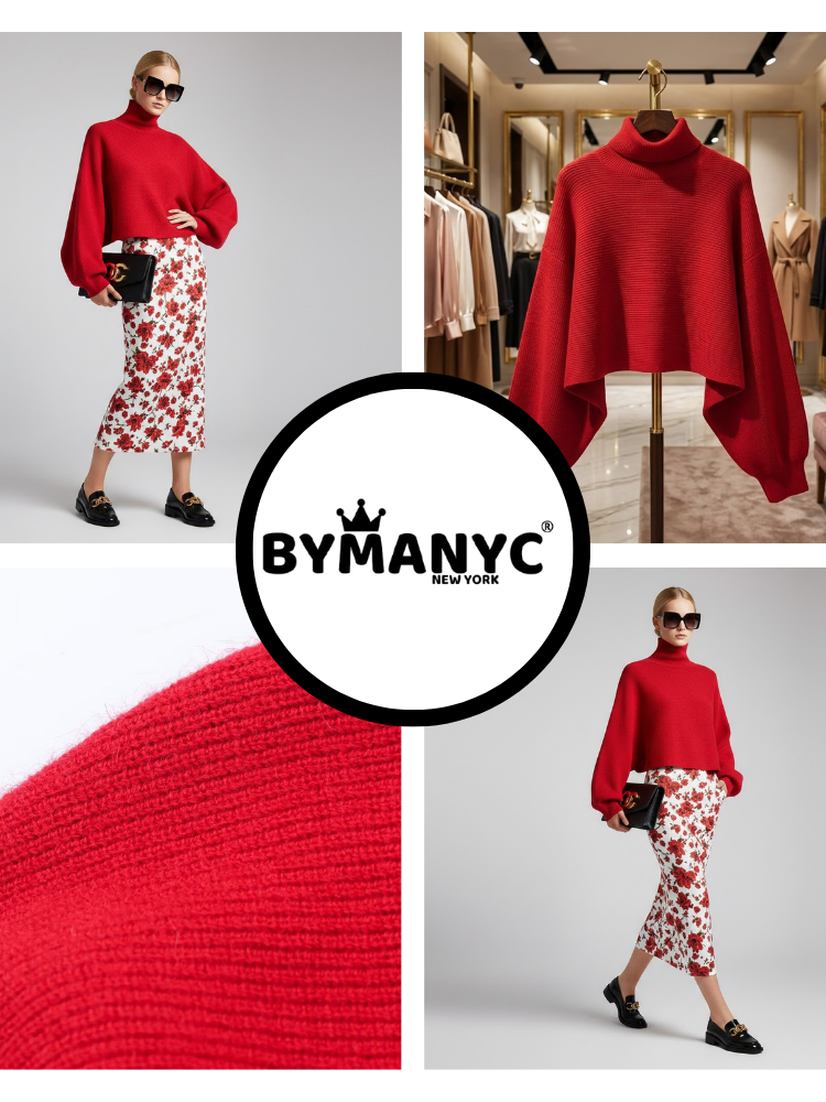  Red Knit Sweater with Peris Neck and Puff Sleeves • BYMANYC ® New York  NYC Wholesale Boutique Inventory - No MOQ & Ready to Ship