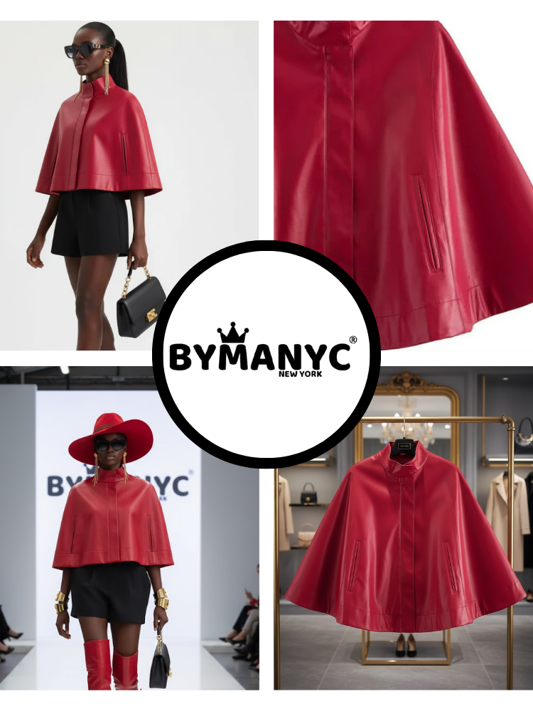  Red Leather-Style Short Cape Jacket For Women, Greenwich Village, BYMANYC New York.  NYC Wholesale Boutique Inventory - No MOQ & Ready to Ship