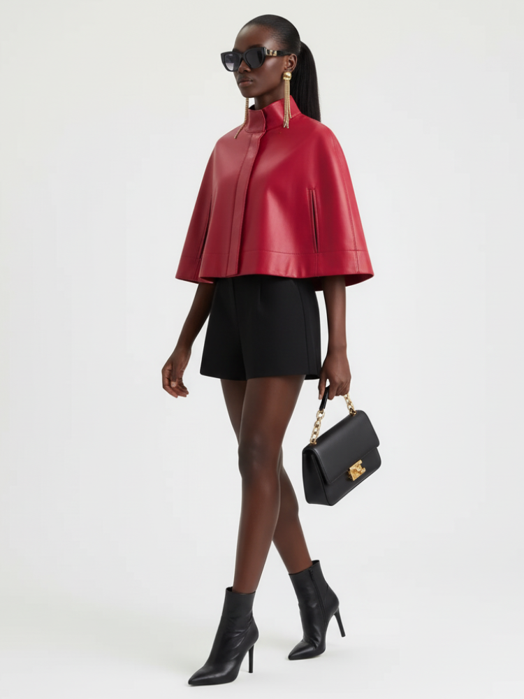  Red Leather-Style Short Cape Jacket For Women, Greenwich Village, BYMANYC New York.  NYC Wholesale Boutique Inventory - No MOQ & Ready to Ship