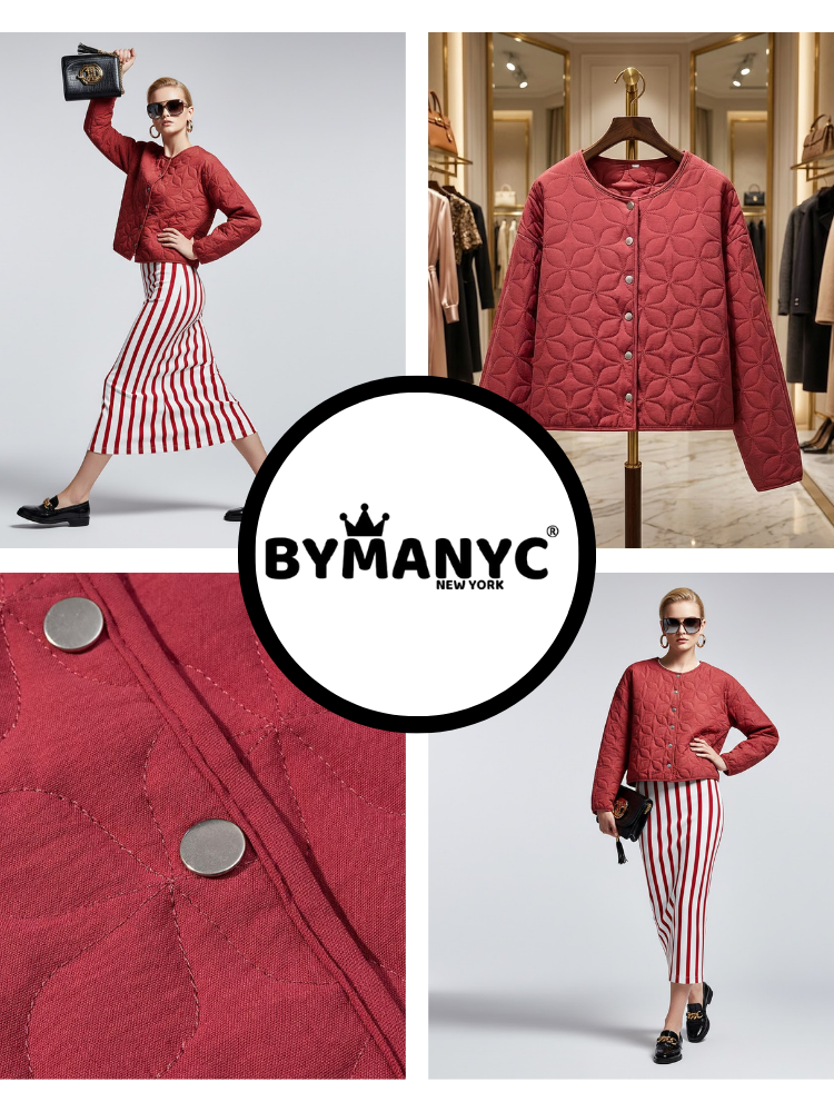  Red Quilted Jacket with Floral Geometric Embroidery • BYMANYC ® New York  NYC Wholesale Boutique Inventory - No MOQ & Ready to Ship