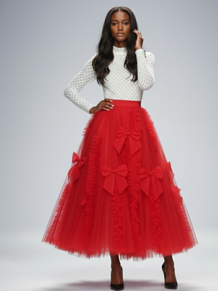 Red Tulle-Bow Midi Skirt SOHO: Prêt-à-Porter Line BYMANYC ® New York - BYMANYC ® New York  