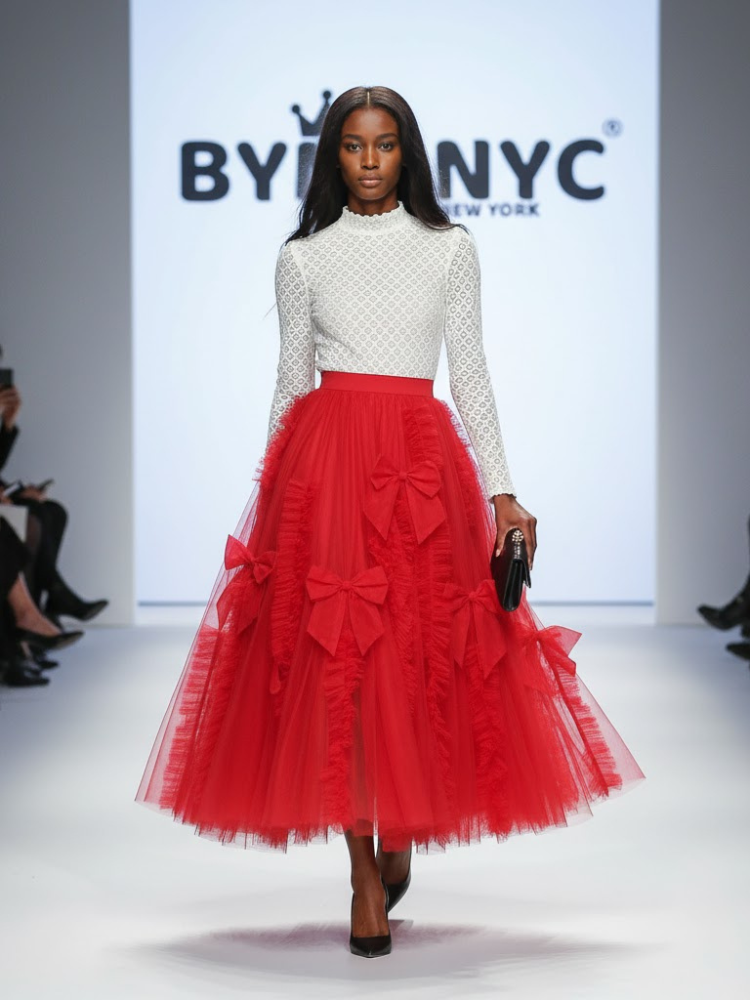  Red Tulle-Bow Midi Skirt SOHO: Prêt-à-Porter Line BYMANYC ® New York  NYC Wholesale Boutique Inventory - No MOQ & Ready to Ship
