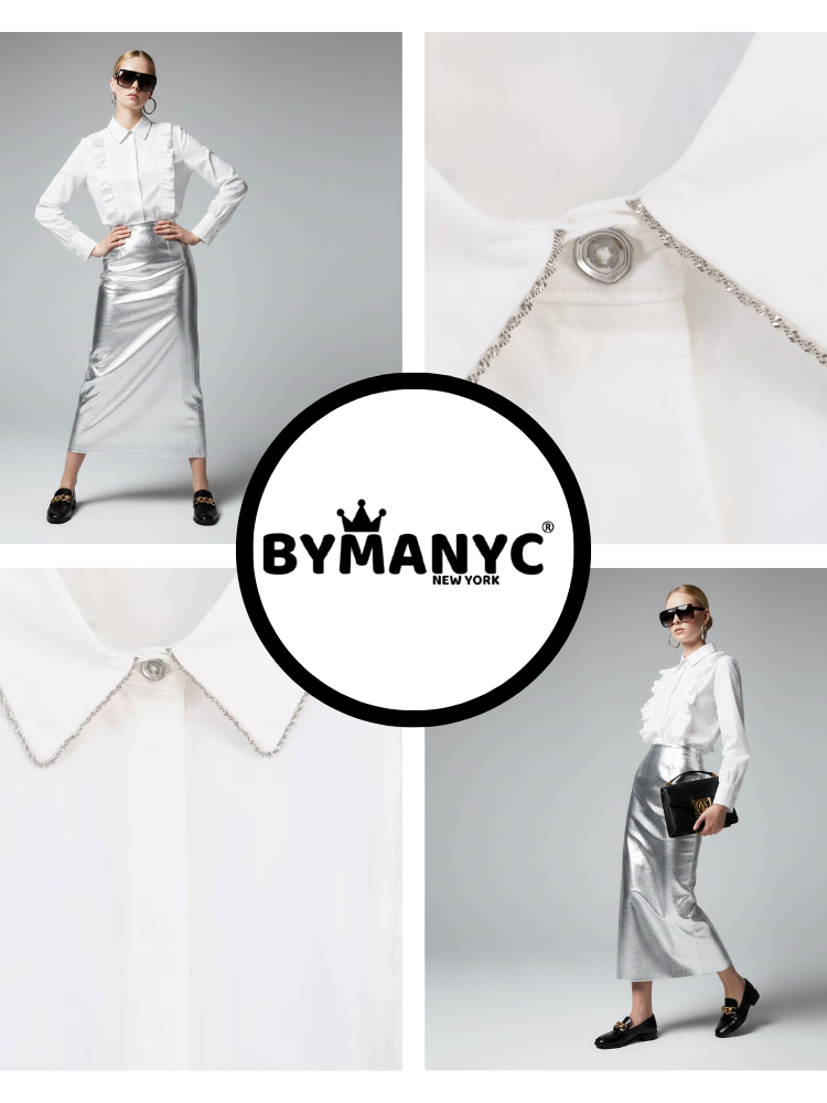  Romantic White Blouse with Ruffles and Chain Detail • BYMANYC ® New York  NYC Wholesale Boutique Inventory - No MOQ & Ready to Ship