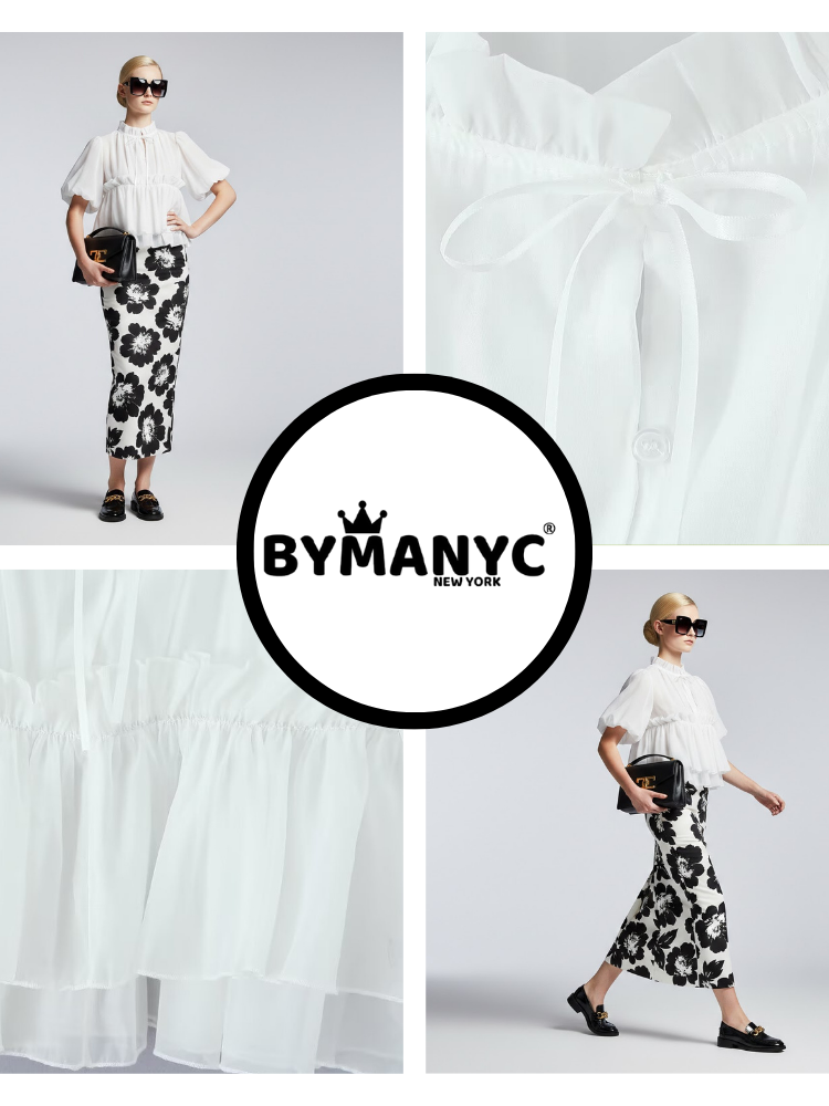 Romantic White Ruffle Blouse with Perkins Collar • BYMANYC ® New York  NYC Wholesale Boutique Inventory - No MOQ & Ready to Ship