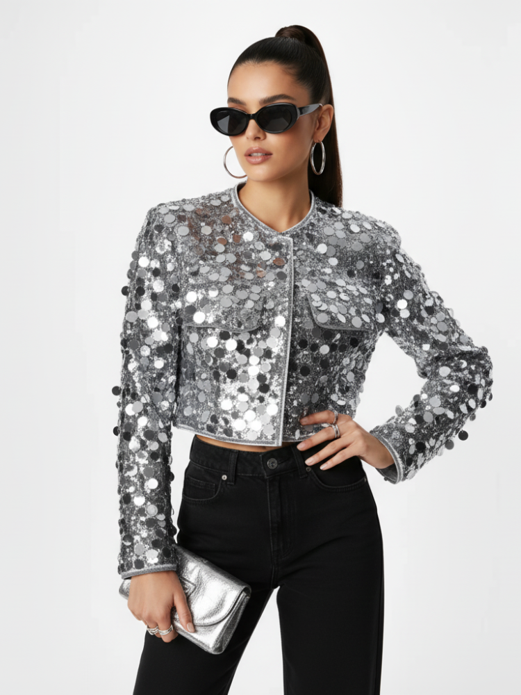  Silver Sequin Jacket For Women, Times Square, BYMANYC New York.  NYC Wholesale Boutique Inventory - No MOQ & Ready to Ship