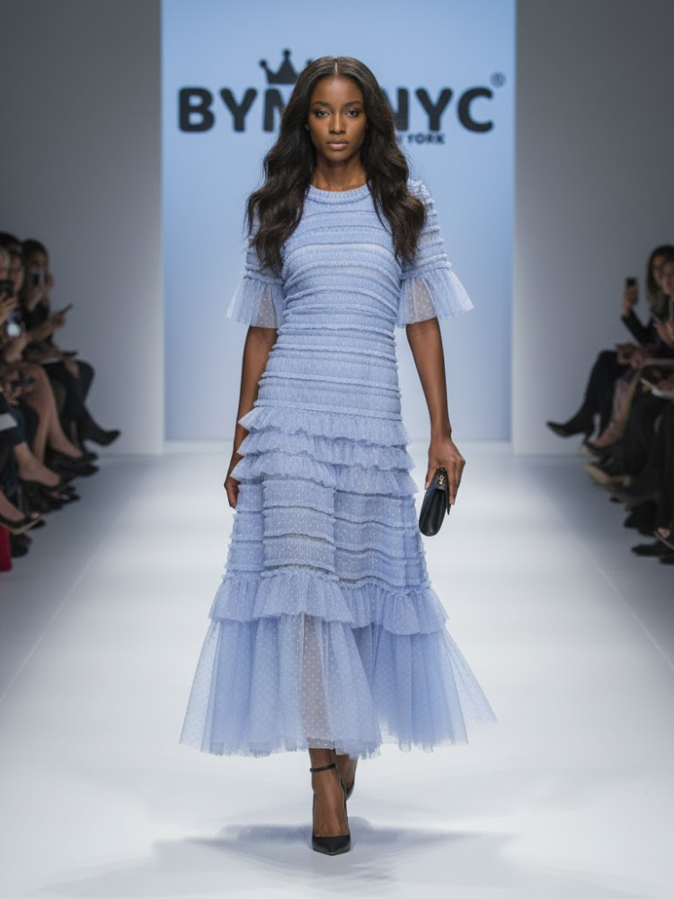  Sky Blue Ruffle Midi Dress CENTRAL PARK: Prêt-à-Porter Line BYMANYC ® New York  NYC Wholesale Boutique Inventory - No MOQ & Ready to Ship