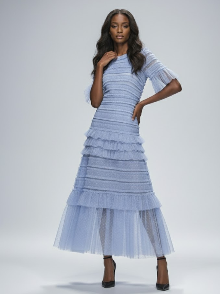  Sky Blue Ruffle Midi Dress CENTRAL PARK: Prêt-à-Porter Line BYMANYC ® New York  NYC Wholesale Boutique Inventory - No MOQ & Ready to Ship