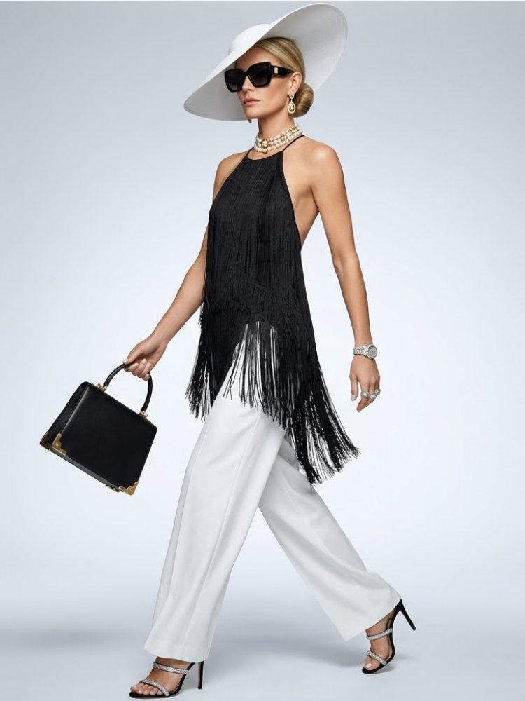  Strap Neck Top New Collection BYMANYC ® New York • Midnight Noir Fringe  NYC Wholesale Boutique Inventory - No MOQ & Ready to Ship