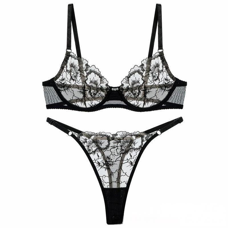 Transparent Tulle Bra Set with Heavy Embroidery and Anti-Drop Function For Women, Tribeca, BYMANYC New York. - BYMANYC ® New York  
