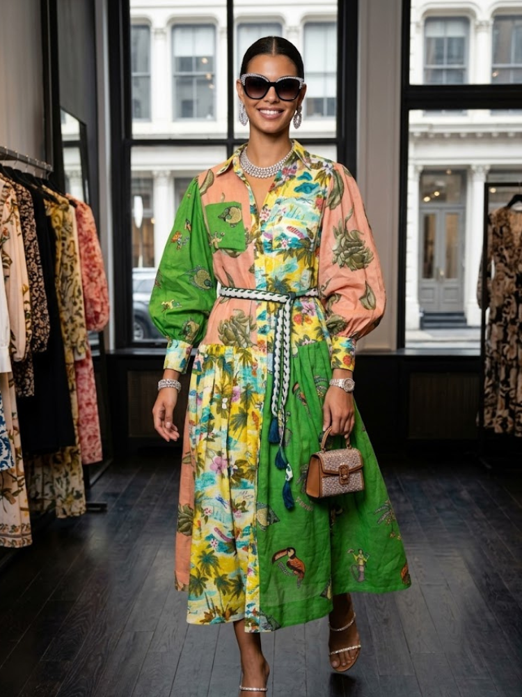  Tropical Patchwork Puff Sleeve Maxi Dress SOHO New Collection FASHION BYMANYC ® New York  NYC Wholesale Boutique Inventory - No MOQ & Ready to Ship