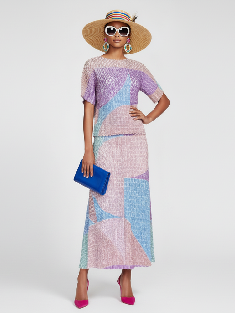  Two-Piece Suit with Color Contrast Top and Pleated Skirt For Women, Midtown, BYMANYC New York.  NYC Wholesale Boutique Inventory - No MOQ & Ready to Ship