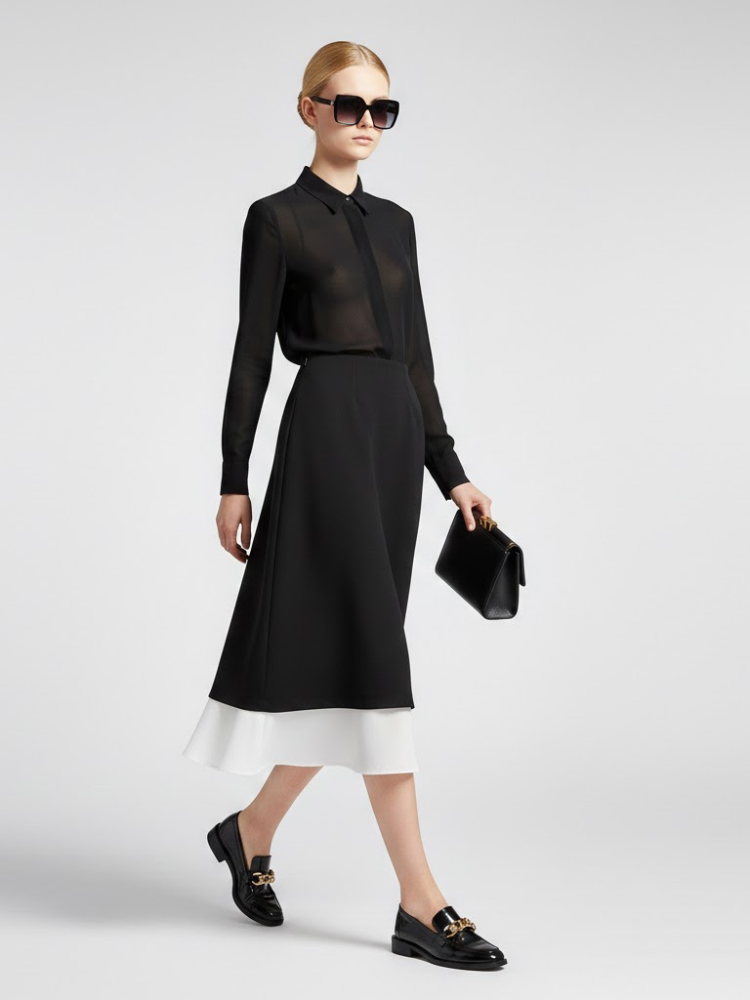  Two-Tone Black and White Midi Skirt with Double-Layer Design • BYMANYC ® New York  NYC Wholesale Boutique Inventory - No MOQ & Ready to Ship