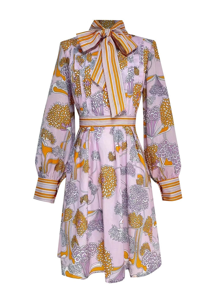 Vintage Print Mini Dress with Bowknot Collar and Colorblock For Women, Chelsea, BYMANYC New York. - BYMANYC ® New York  