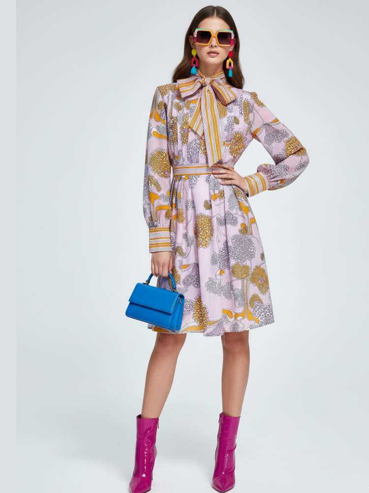 Vintage Print Mini Dress with Bowknot Collar and Colorblock For Women, Chelsea, BYMANYC New York. - BYMANYC ® New York  