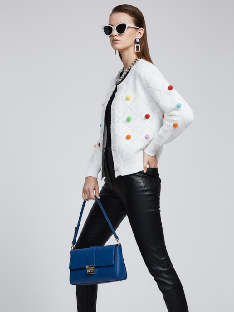 White Open Knit Cardigan with Colored Pom-Poms BLEECKER: New Colección COUTURE in NOLITA - BYMANYC ® New York
