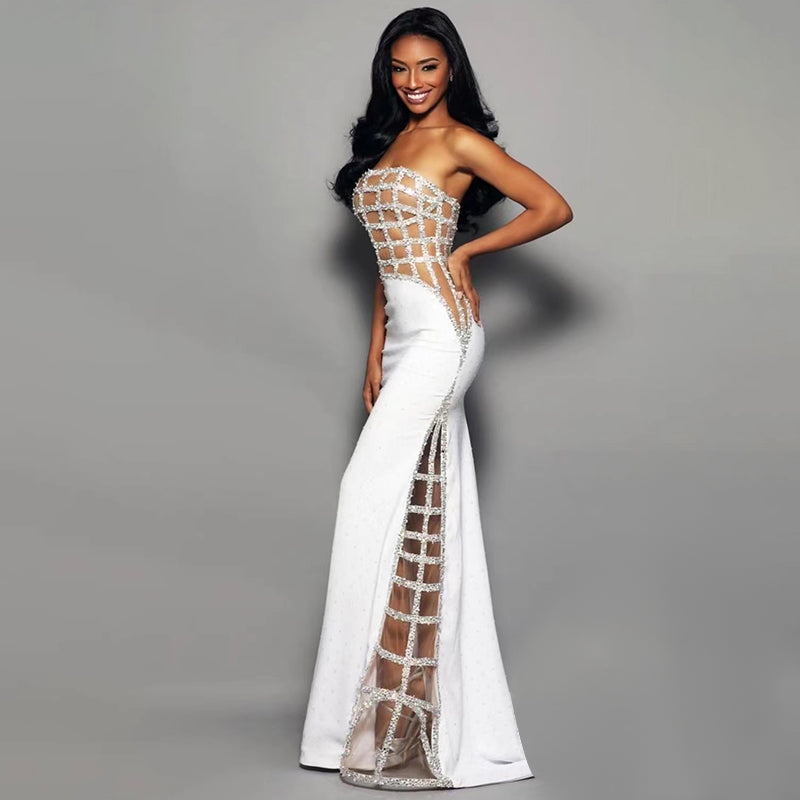 White Sequin Off-Shoulder Evening Gown For Women, Slim Fit, Midtown, BYMANYC New York. - BYMANYC ® New York  
