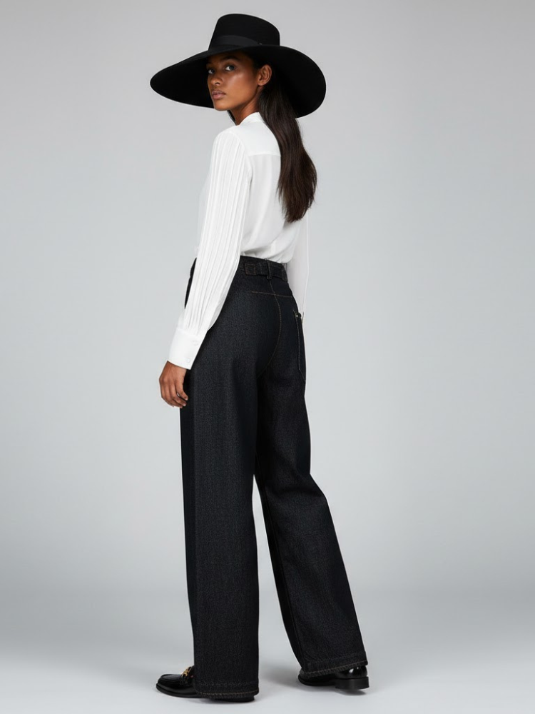  Wide-Leg Denim Trousers with Back Buckle Detail • BYMANYC ® New York  NYC Wholesale Boutique Inventory - No MOQ & Ready to Ship
