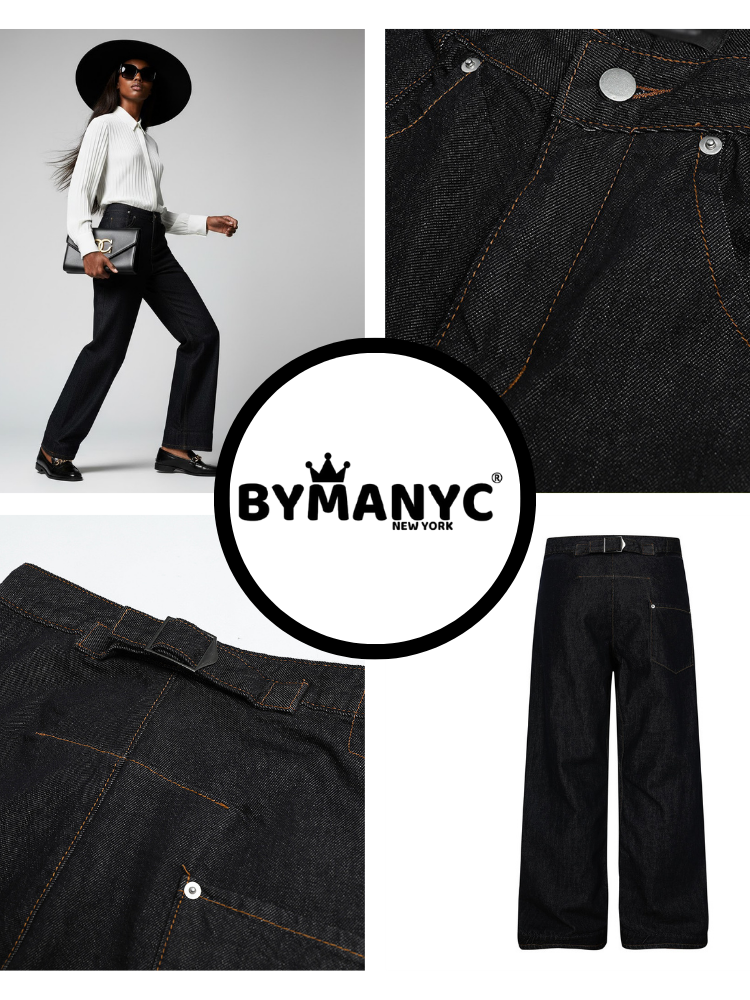  Wide-Leg Denim Trousers with Back Buckle Detail • BYMANYC ® New York  NYC Wholesale Boutique Inventory - No MOQ & Ready to Ship