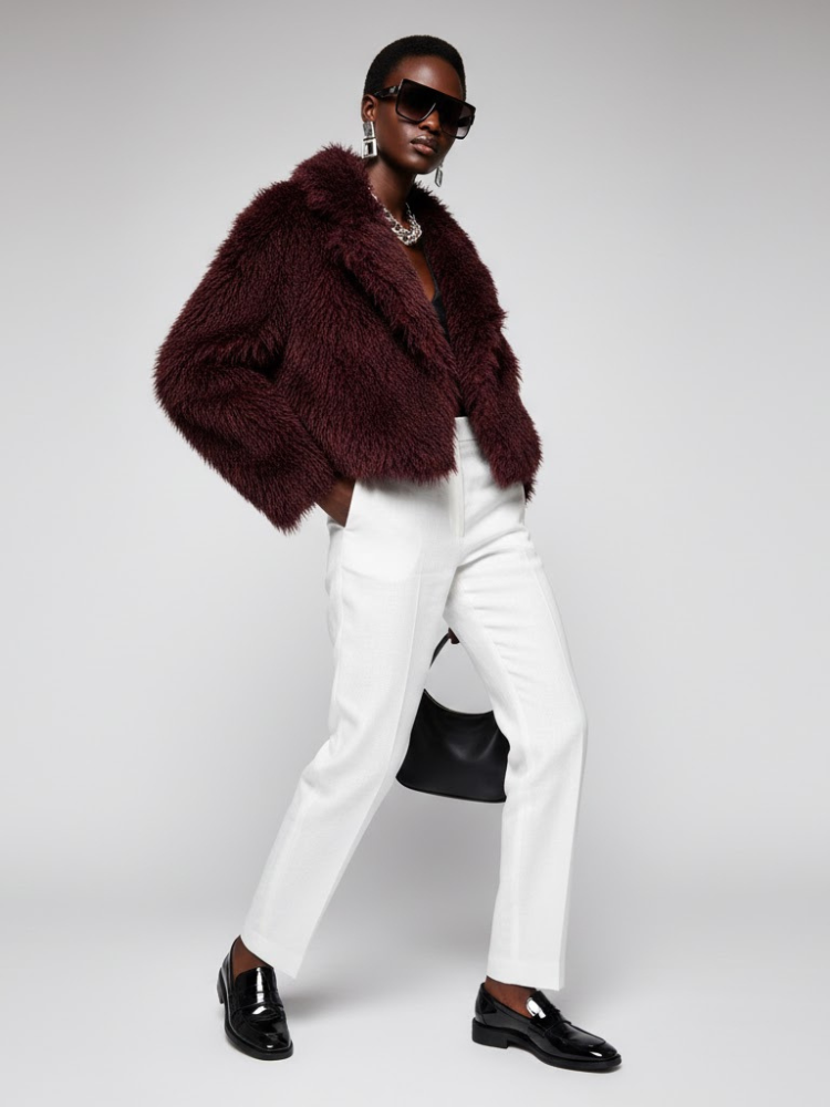  Women's Faux Fur Cropped Jacket BURGUNDY - CARROLL GARDENS: New Collection COUTURE in BROOKLYN - BYMANYC ® New York  NYC Wholesale Boutique Inventory - No MOQ & Ready to Ship