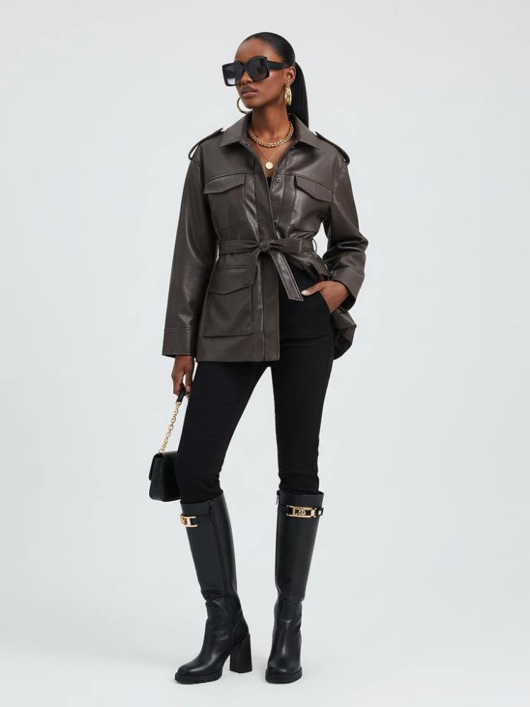  Women's Faux Leather Safari Jacket UPPER EAST SIDE ECO FASHION BYMANYC ® New York  NYC Wholesale Boutique Inventory - No MOQ & Ready to Ship