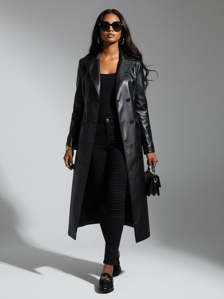  Women's Long Vegan Leather Trench Coat BLACK FINANCIAL COUTURE BYMANYC ® New York  NYC Wholesale Boutique Inventory - No MOQ & Ready to Ship